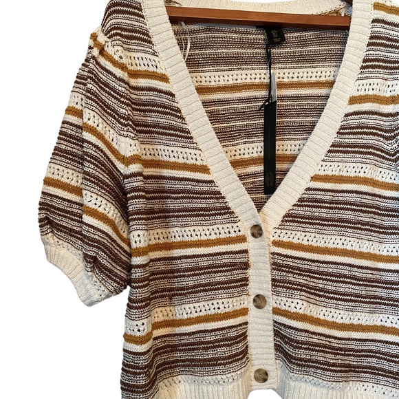 House of Harlow 1960 Puff Sleeve Cropped Neutral Striped Knit Cardigan S… - Picture 2 of 16